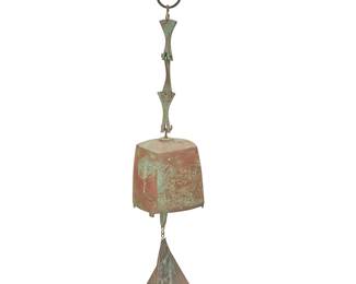 193
Paolo Soleri (1919-2013)
A Cosanti wind bell, mid/late 20th century; Paradise Valley, AZ
With cast Paolo Soleri cipher
The rounded cubical cast bronze bell with clapper, copper fin, and later added S hook
Overall without hook: 23.25" H; Bell: 6" H x 5.5" W x 5.5" D; Fin: 5.375" H x 6.25" W
Estimate: $300 - $500
