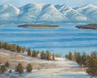 32
Fred Fellows
b. 1934
"Melita Island Looking West To The Mission Range"
Oil on Masonite
Signed lower left: Fellows, and with the Cowboy Artists of America affiliation abbreviation; signed again, titled, and inscribed, all verso: First Snow Nov. 1992
24" H x 36" W
Estimate: $1,500 - $2,500