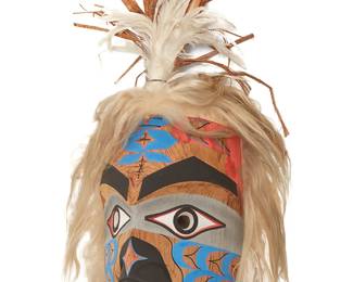 174
Patrick Amos
b. 1957, Nuu-chah-nulth
"Wood Pecker Man," 1990
Painted carved wood, feathers, cedar bark, and fur
Signed, titled, dated, and inscribed in pencil verso: Patrick Amos / West Coast / Mowachat Band / July 10
Overall: 24" H x 11.5" W x 6.75" D; Wood: 12.5" H x 8.75" W x 6.75" D
Estimate: $500 - $700
