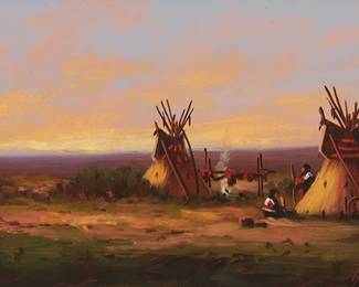 248
Heinie Hartwig
b. 1937
"Comanche Sunset"
Oil on Masonite
Signed lower right: Heinie Hartwig ©; titled verso
6" H x 12" W
Estimate: $600 - $800