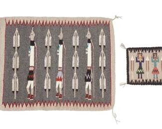 233
Two Navajo Yei Textiles
Mid/late 20th century, Diné
The mat with tag: Weaver / Rena Thompson
Each woven in multicolor wool on grey ground, comprising a larger Yei depicting figures and alternating corn stalks, and a smaller mat with three figures and corn stalks
2 pieces
Larger: 24" H x 28.5" W; Smaller: 10" H x 12.75" W
Estimate: $200 - $400