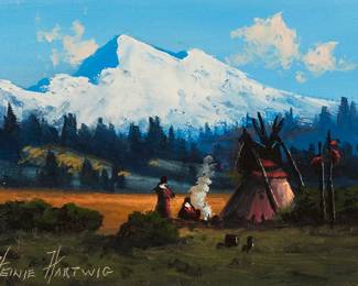 247
Heinie Hartwig
b. 1937
Encampment Below Snowy Mountains
Oil on panel
Signed lower left: Heinie Hartwig
5" H x 7" W
Estimate: $400 - $600