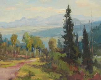 1
Robert Moore
b. 1957
"West Of The Tetons," 1999
Oil on Masonite
Signed lower right: R. Moore; signed again, titled, dated, and with the artist's copyright, all verso
11" H x 14" W
Estimate: $600 - $800