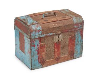 306
A Southwest Folk Art Metal Clad Trunk
Early 20th century
The wood trunk mostly clad with found painted and textured sheet metal scraps, the hinged lid revealing an interior lined with floral pattern paper
13.75" H x 17.5" W x 11.5" D
Estimate: $200 - $400