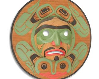 156
Vern Etzerza
b.1953, Tahltan
"Kwa-Guilth Moon," 1994
Painted carved wood
Incised signature, title, and date verso: Vern Etzerza / 12/94
31.5" Dia. x 8.5" D
Estimate: $800 - $1,200