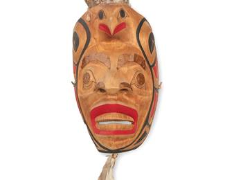 169
A Northwest Coast Polychrome "Hawk Mask"
Signed verso: D / Joe; titled and possibly dated illegibly verso
Painted carved wood, hammered copper, and feathers
Overall: 27.5" H x 9" W x 8" D; Wood: 14.25" H
Estimate: $400 - $600
