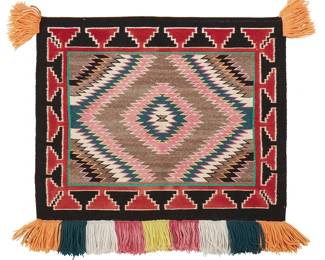 218
A Navajo Saddle Blanket
20th century, Diné
Woven in multiple vibrantly colored wools on a red, black, and natural grey/brown ground, with serrated floating diamond centering serrated motifs and an elaborate stepped triangle motif border, one fringe edge displaying the vibrant colors in long strands
29.5" H x 33.5" W
Estimate: $400 - $600