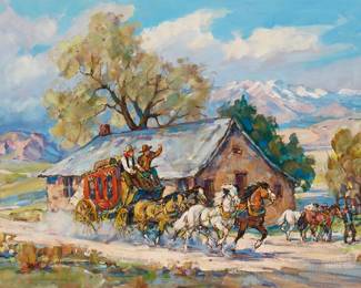 61
Marjorie Reed
1915-1996
Stagecoach Ride
Oil on canvas
Signed lower left: Marjorie Reed
18" H x 24" W
Estimate: $2,000 - $3,000