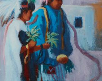 96
Jack To'baahe Gene
1953-2016, Navajo/Diné
Ceremonial Dance
Oil on board
Signed lower right: Jack To'baahe Gene
10" H x 8" W
Estimate: $500 - $700