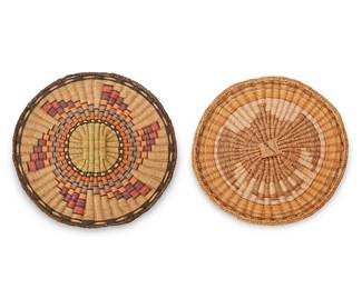 142
Two Hopi Pueblo Polychrome Wicker Plaques
20th century; Southeast United States
Comprising one with eagle/thunderbird motif and one with a multicolor radiating star motif
2 pieces
Star: 14.25" Dia.; Eagle: 14" Dia.
Estimate: $300 - $500