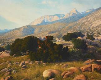 15
Curt Walters
b. 1950
"Summer Afternoon At The Sandia Mountains, New Mexico," Circa 1977
Oil on canvas
Signed lower right: Curt Walters; titled and dated by repute
34" H x 50" W
Estimate: $5,000 - $7,000