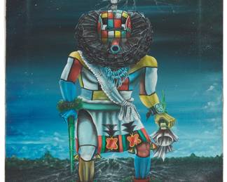 270
Randall Sahmie
1950-2008
Hopi Kachina Figure
Oil on canvas
Signed lower right: RSahmie; illegibly inscribed or dated lower right
34" H x 15" W
Estimate: $400 - $600