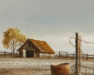 12
Gene Speck
b. 1937
Fenced-In Barn, 1972
Oil on Masonite
Signed lower left: Gene Speck; dated, possibly in another hand, on the frame verso
5" H x 7" W
Estimate: $300 - $500