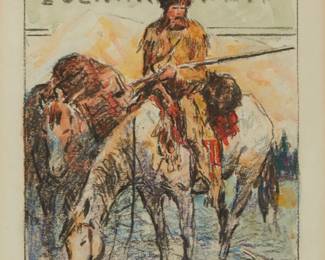 67
William Henry Dethlef Koerner
1878-1938
Buffalo Hunter Sketch For "The Saturday Evening Post"
Mixed media on illustration board
Initialed lower right: WHDK; artist stamps on the verso of the illustration board
Image: 6.875" H x 5.5" W; Board: 10.75" H x 9.25" W
Estimate: $3,000 - $5,000