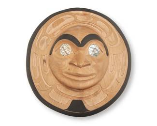 158
Heber Reece
b. 1955, Tsimshian
"Raven Moon," 2009
Painted carved alder wood and abalone shell
Signed, titled, dated, and inscribed verso: Heber Reece / H.T.R. / Tsimsyeen Kitselas B.C. Canada / Alder
14.125" H x 13.5" W x 4.25" D
Estimate: $800 - $1,200