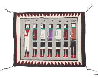 226
A Navajo Yei Weaving
Mid/late 20th century, Diné
Woven in multicolored wool, depicting six standing figures holding corn stalks and animal pelts, with a stepped border at two edges
35.25" H x 45" W
Estimate: $300 - $500
