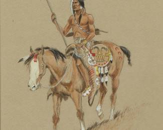 89
Paul Sollosy
1911-2012
"Blackfoot Warrior"
Watercolor on paper laid to board
Signed and with the artist's device, lower left: Sollosy; titled in red ink on the frame's backing paper
9" H x 7" W
Estimate: $1,000 - $2,000