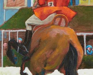 66
Frank N. Ashley
1920-2007
"Stadium Jumping"
Oil on Masonite
Signed lower right: FN Ashley; signed again, titled, and inscribed, verso: Ballsbridge Arena / Dublin, Ireland
28" H x 15" W
Estimate: $600 - $800