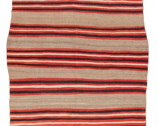 194
A Navajo Banded Blanket
Late 19th century, Diné
Woven in red, cream, dark brown, and indigo wool bands on a natural grey field
51.5" H x 76" W
Estimate: $1,000 - $2,000