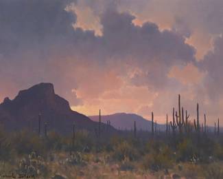 4
Michael Stack
b. 1947
"Tucson Mountains At Days End," 2002
Oil on canvas
Signed lower left: Michael Stack; titled and dated in ink on the frame's foamboard backing
9" H x 12" W
Estimate: $1,500 - $2,000