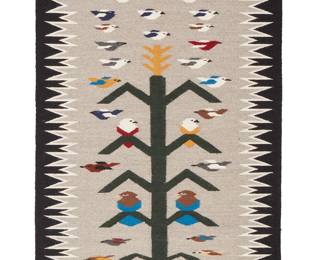 227
A Navajo Pictorial Weaving
Mid/late 20th century, Diné
Woven in multicolored wool, depicting the Tree of Life emerging from a basket with perched and flying birds
46" H x 27.25" W
Estimate: $300 - $500