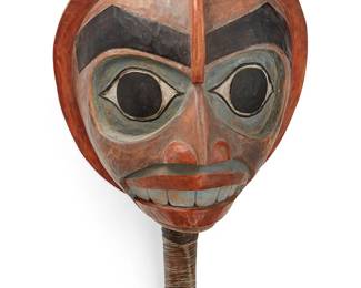 180
A Yakutat Carved Wood Rattle
Late 20th century
Signed verso: Mark / XX
The polychrome wood rattle with carved face in relief to side A and painted figural face to side B, above a waxed thread-wrapped handle
12" H x 6.75" W x 6.75" D
Estimate: $500 - $700
