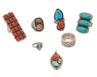 484
A Group Of Southwest Silver And Stone Set Jewelry
Mid/late 20th century
Five marked for Sterling; four further marked for artist; one for Mexico
Comprising an F. Cheama Zuni sterling silver turquoise and coral pendant, as well as six silver rings with various set stones such as turquoise, coral, and boulder opal, including a Calvin Martinez Navajo/Diné sterling silver ring with three set oval turquoise stones, and a large rectangular ring with row-set coral, 7 pieces
Pendant: 1.625" H; Rings: largest ring size: 8.8; smallest ring size: 4.25
72.0 grams gross
Estimate: $400 - $600