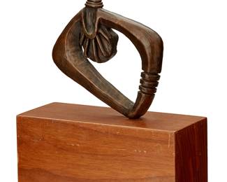 70
Dan Namingha
b. 1950, Hopi-Tewa
"SunWoman," 1976
Patinated bronze on wood plinth
Edition: 2/12
Signed and dated in the casting: Namingha / 76; titled and marked to sticker applied to base underside: VS-5622
Bronze: 6.25" H x 5" W x 0.75" D; Plinth: 3.5" H x 7" W x 3" D
Estimate: $1,000 - $1,500