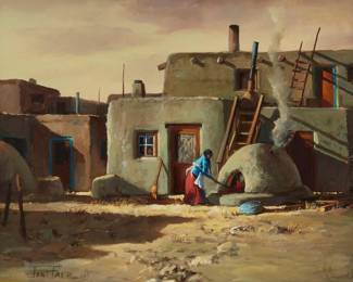 244
Joni Falk
b. 1933
"One With The Land"
Oil on panel
Signed lower left: Joni Falk ©; titled on the frame plaque; with a possible alternative title, "Fire Marshall," in ink on the frame's backing paper
Sight: 7.5" H x 9.5" W
Estimate: $400 - $600