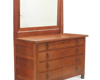 101
A Roycroft Wood Dresser, Model 0108 Variant
Early 20th century; Roycroft Inn, East Aurora, NY
Marked with Roycroft orb to drawer front
The quarter-sawn walnut dresser featuring four drawers with vertical hammered copper pulls, one with locking mechanism, surmounted by a swiveling mirror, all raised on Mackmurdo feet
Overall: 74.75" H x 53.75" W x 26.25" D; Mirror: 31.5" H x 45" W; Dresser height: 36.25"
Estimate: $4,000 - $6,000