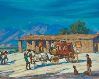 30
Marjorie Reed
1915-1996
"The East And W"
Oil on canvas
Signed lower right: Marjorie Reed; titled in pencil, verso
24" H x 36" W
Estimate: $2,000 - $3,000