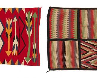 217
Two Navajo Germantown Throws
Late 19th century, Diné
Each woven in multicolored wool, comprising a pictorial throw with bow and arrow motif on a red background, and a four-section sampler
Larger: 23.5" H x 23.5" W; Smaller: 21" H x 20.5" W
Estimate: $500 - $700