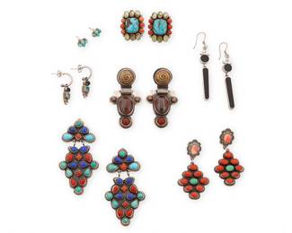 461
A Group Of Southwest-Style Silver And Stone-Set Earrings
Late 20th century
Five marked for artist; five marked for sterling
Comprising seven pairs of earrings including a pair of Federico Jimenez (b. 1941, Mixtec) turquoise, coral, and peridot cluster set earrings, as well as two further pairs of turquoise, coral and lapis lazuli cluster-set dangle earrings, one by Don Lucas, and one by Oscar Betz, together with a pair of AS chunky set stone, petrified wood, and mixed metal earrings, and three further pairs of diminutive earrings with various stones including turquoise and onyx, 14 pieces
Largest: 2.75" L; smallest: 0.25" H
101.2 grams gross
Estimate: $300 - $500