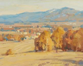 8
Scott Christensen
b. 1962
Town With Mountain Background
Oil on panel
Signed at the lower edge, right of center: Christensen ©
8" H x 12" W
Estimate: $1,000 - $2,000
