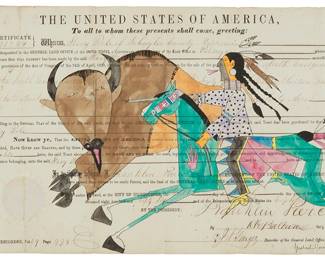 90
Michael Horse
b. 1951, Yaqui, Mescalero Apache, Zuni
Bison Hunting On Horseback
Watercolor and ink on paper
Signed and with the artist's device in ink, lower right: Michael Horse
Image/Sheet: 10" H x 15.5" W
Estimate: $700 - $900