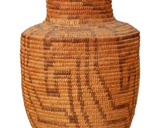 136
A Pima Basketry Olla
Early 20th century, Akimel O'odham; Southwest United States
The coiled olla form basket with geometric motif to body and stepped motifs at neck
10" H x 7" Dia.
Estimate: $500 - $700
