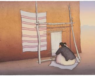 250
R.C. Gorman
1932-2005, Navajo/Diné
"Navajo Weaver," 1985
Lithograph in colors on wove paper
Edition: 154/200 (there were also 44 artist proofs)
Signed, dated, and numbered in pencil along the lower edge: R.C. Gorman; Western Graphics Workshop, Evergreen, CO, prntr./pub., and with their blindstamp at the center of the lower edge
Image/Sheet: 25" H x 34" W
Estimate: $400 - $600