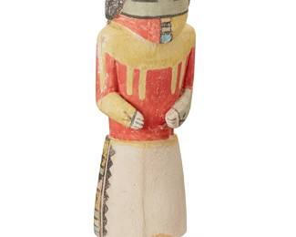 311
A Hopi Shalako-Style Carved Cottonwood Katsina
Early 20th century
Unmarked
The polychrome blue corn maiden doll figure with stepped and sawtooth motifs to right side of skirt
11" H x 3.5" W x 3.625" D
Estimate: $200 - $400