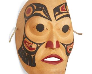 167
Alver Tait
b. 1943, Nisga'a
Northwest Coast Mask, 1986
Painted carved wood
Incised signature and date verso: Alver Tait / 4/86
9" H x 6.5" W x 3.75" D
Estimate: $300 - $500