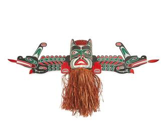 150
Randy Stiglitz
b. 1956, Coast Salish/Cree
Northwest Coast Mask
Painted carved wood and cedar bark
Signed verso: R Stiglitz
Overall: 40" H x 80" W x 9" D; Face wood: 17.5" H x 11.75" W; Each side: 18" H x 35" W x 1.75" D
Estimate: $1,000 - $2,000