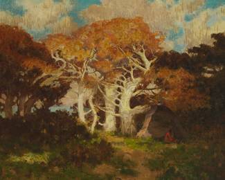 40
Eanger Irving Couse
1866-1936
"California Cypress"
Oil on canvas
Signed lower left: E.I. Couse; titled in pencil on the upper portion of the stretcher; titled on a label affixed to the frame's backing paper
24" H x 29" W
Estimate: $30,000 - $50,000