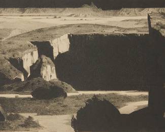 302
Conrad Buff
1886-1975
"Black Canyon," Circa 1932
Lithograph on paper
Edition: 40/50
Signed, titled and numbered in pencil in the lower margin: Conrad Buff; also inscribed in pencil along the edge of the lower margin, possibly in another hand: Awarded 2nd Prize Int. Ex Lithography Chgo Art Inst - 1933
Image: 9" H x 16.25" W; Sheet: 12.5" H x 19" W
Estimate: $400 - $600