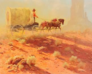 9
Bill Bender
1919-2016
"In Navajo Country," 1973
Oil on Masonite
Signed and dated at lower center: Bill Bender; titled and inscribed, verso
18" H x 24" W
Estimate: $500 - $700