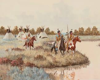 107
Ron Stewart
b. 1941
"Leaving For The Hunt"
Watercolor and gouache on paper
Signed lower left: Ron Stewart; titled and with the artist's painted remarque added to the lower left and right corners of the mat, respectively
Sight: 15" H x 22" W
Estimate: $400 - $600