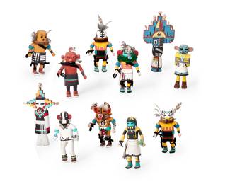 325
A Group Of Miniature Hopi Katsina Figures
Late 20th/early 21st century
One marked: Butterfly maiden; another marked: Hemis
The polychrome carved cottonwood figures mounted with feathers, yarn, and hide, comprising a wolf, a blue corn maiden, a koyemsi mudhead, a roadrunner, a butterfly maiden, a hemis figure, a cricket, a morning singer, a kokopelli, an aya rattle runner, and a parrot
10 pieces
Tallest: 7.75" H x 3.75" W x 1.75" D; Shortest: 5.625" H x 3" W x 2.75" D
Estimate: $300 - $500