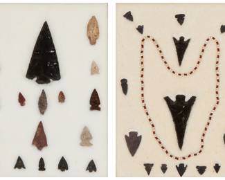 489
A Pair Of Framed Groups Of Stone Points
Prehistoric or later
Comprising two trays of various points of differing stones, shapes and sizes, including arrowheads, points, and hooks, one with sixteen points and a glass bead necklace, the other with eighteen points, each placed in cotton padding
2 pieces
Largest point: 5" H x 2.875" W
Estimate: $200 - $400
