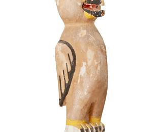312
A Southwest Carved Wood Owl Katsina Figure
20th century
The polychrome carved cottonwood bird figure with wings at its side, decorated in white, grey, black, and yellow pigments
16.25" H x 4.25" W x 5.5" D
Estimate: $200 - $400