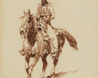 291
Attributed To Edward Borein
1872-1945
Cowboy On Horseback
Ink on paper
Unsigned
Sight: 4.5" H x 4.125" W
Estimate: $700 - $900