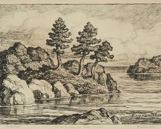 298
Birger Sandzén
1871-1954
"Rocky Coast," 1948
Lithograph on paper
From the edition of 100
Signed and titled in pencil in the lower margin: Birger Sandzén; possibly inscribed in pencil in another hand at the lower margin: Merry Christmas to Jenny from Pelham and Margaret
Image: 9.75" H x 14" W; Sight: 10.625" H x 15.125" W
Estimate: $700 - $900