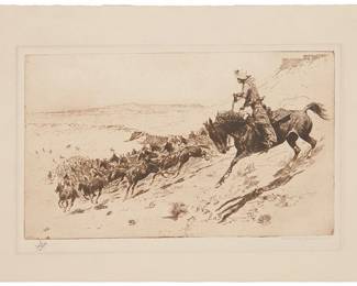 285
Edward Borein
1872-1945
"Running Wild Horses"
Etching and drypoint in brown on wove paper
From an edition of unknown size
Signed and with the artist's remarque in pencil at the lower margin: Edward Borein
Plate: 6.75" H x 10.75" W; Sheet: 10" H x 14.25" W
Estimate: $1,000 - $2,000